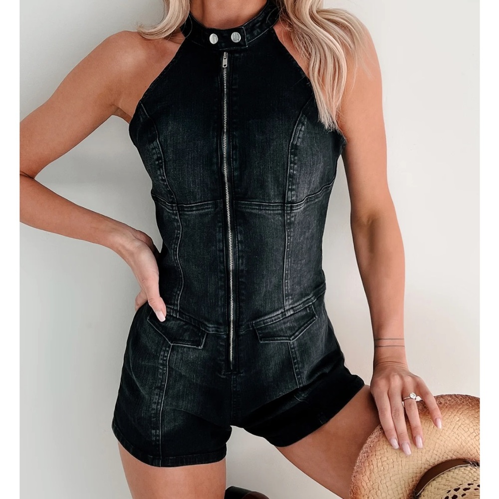Rugged & Bold Zip Up Denim Romper (Black)